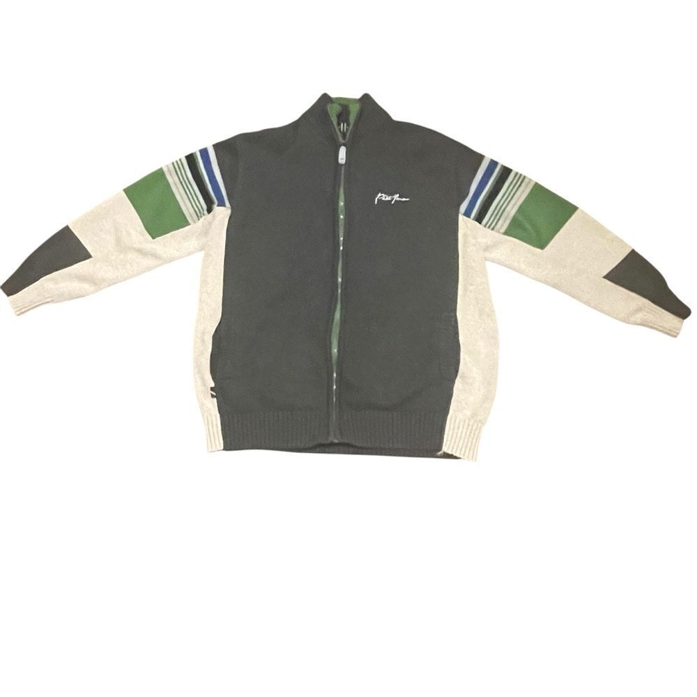Vintage Phat Farm Men’s Zip Up Long Sleeve Sweater Cream Gray Green Blue Size XL